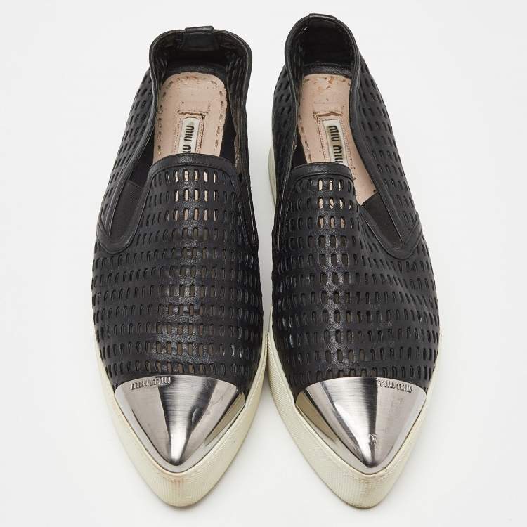 Pre Owned Miu Miu Black Perforated Leather Metal Cap Toe Slip On Sneakers Size 38