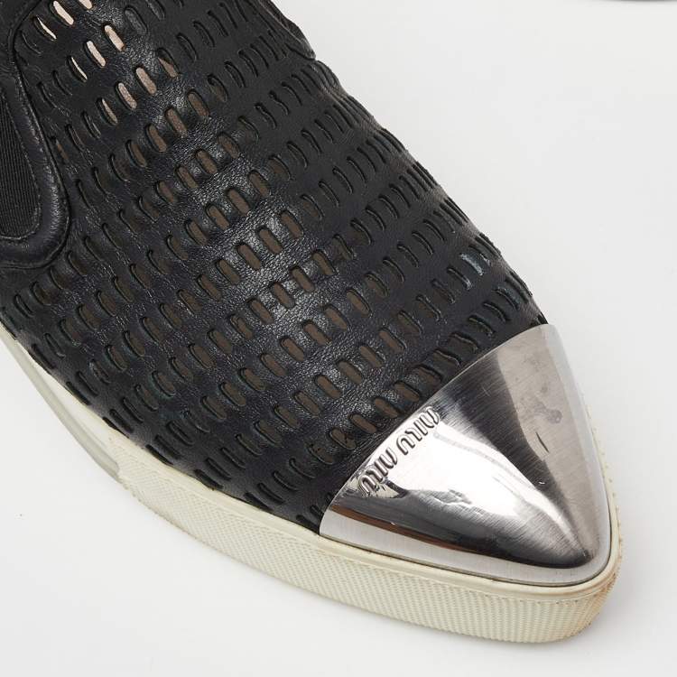 Pre Owned Miu Miu Black Perforated Leather Metal Cap Toe Slip On Sneakers Size 38