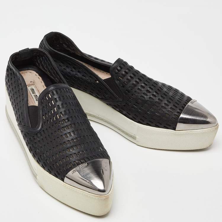 Pre Owned Miu Miu Black Perforated Leather Metal Cap Toe Slip On Sneakers Size 38