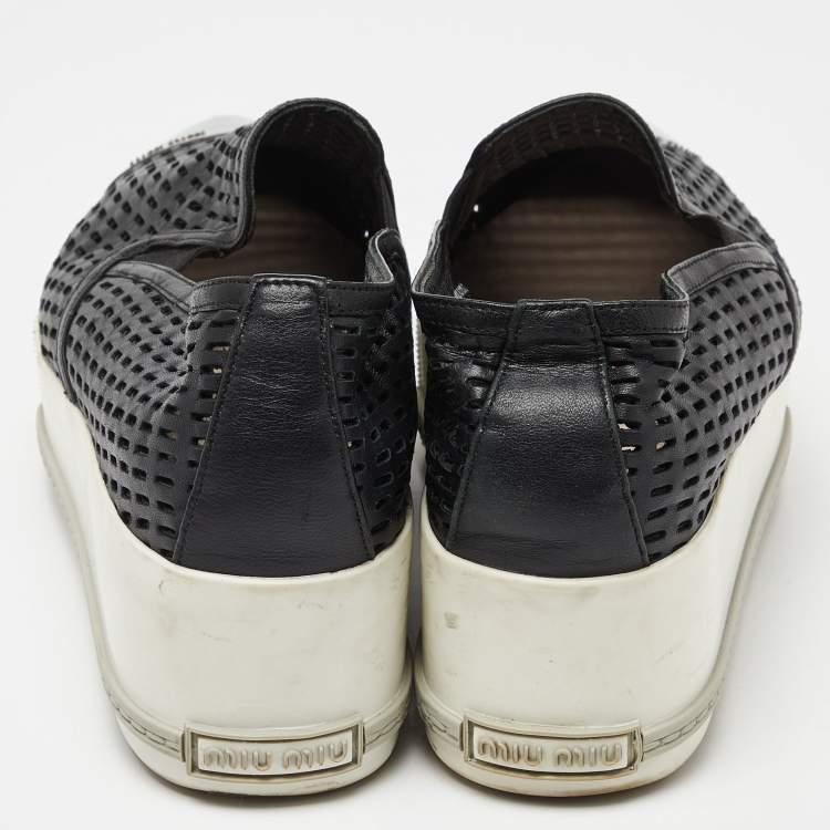 Pre Owned Miu Miu Black Perforated Leather Metal Cap Toe Slip On Sneakers Size 38