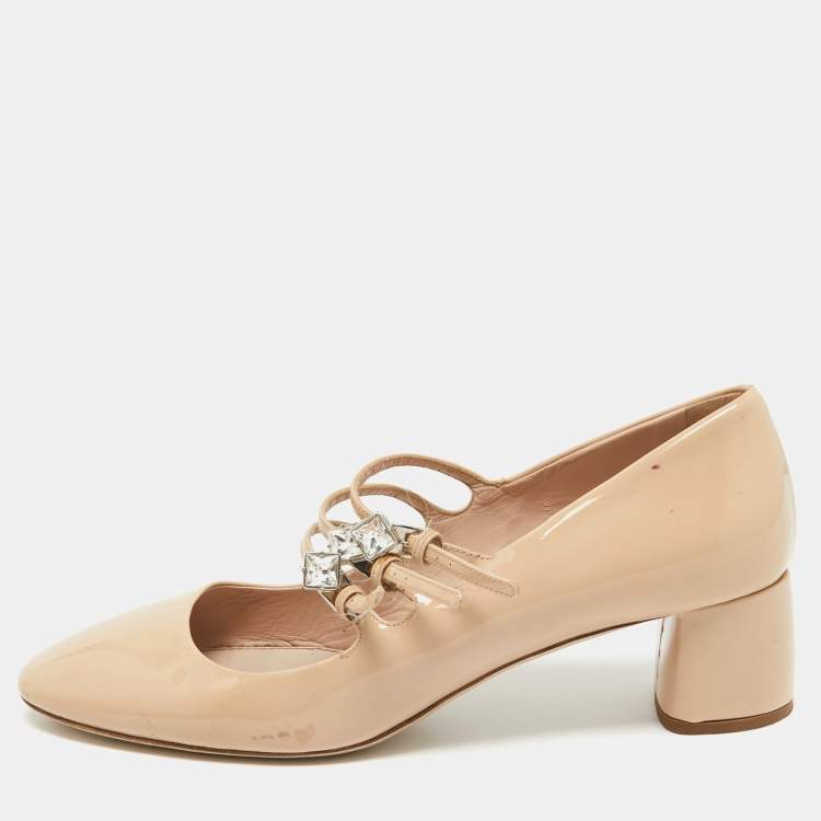 Pre Owned Miu Miu Beige Patent Leather Triple Buckle Mary Jane Pumps Size 38.5