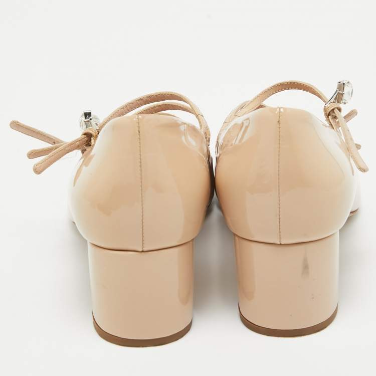 Pre Owned Miu Miu Beige Patent Leather Triple Buckle Mary Jane Pumps Size 38.5