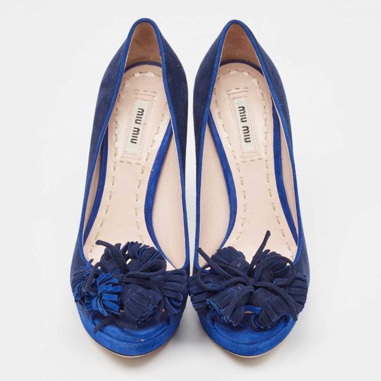 Pre Owned Miu Miu Blue Suede Peep Toe Platform Pumps Size 37.5