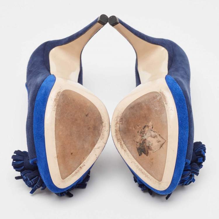 Pre Owned Miu Miu Blue Suede Peep Toe Platform Pumps Size 37.5