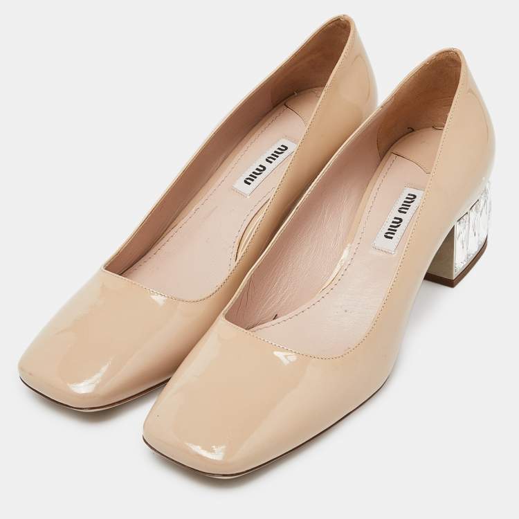 Pre Owned Miu Miu Beige Patent Leather Crystal Embellished Block Heel Pumps Size 37