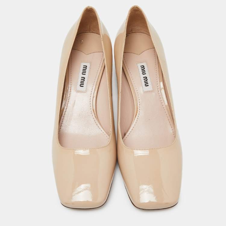 Pre Owned Miu Miu Beige Patent Leather Crystal Embellished Block Heel Pumps Size 37