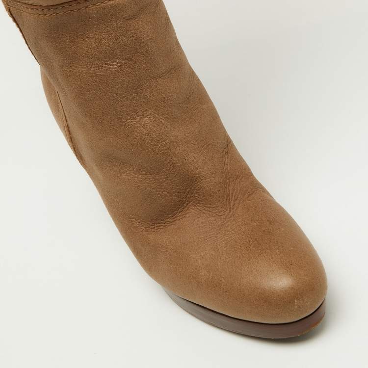 Pre Owned Miu Miu Light Brown Leather Fur Lined Knee Length Boots Size 40