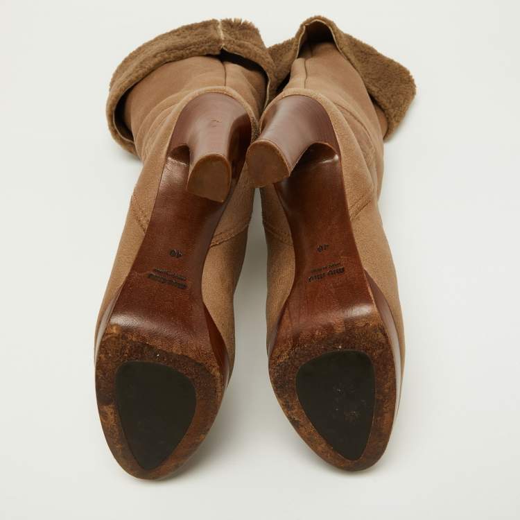 Pre Owned Miu Miu Light Brown Leather Fur Lined Knee Length Boots Size 40