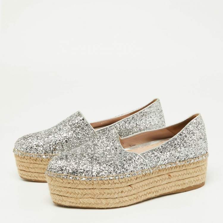 Pre Owned Miu Miu Silver Coarse Glitter Espadrille Platform Loafers Size 37.5