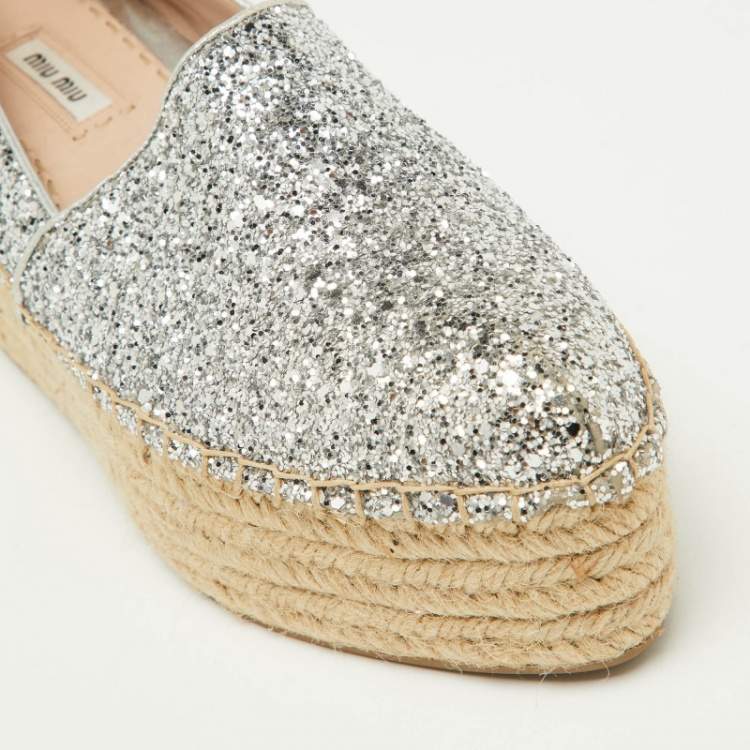 Pre Owned Miu Miu Silver Coarse Glitter Espadrille Platform Loafers Size 37.5