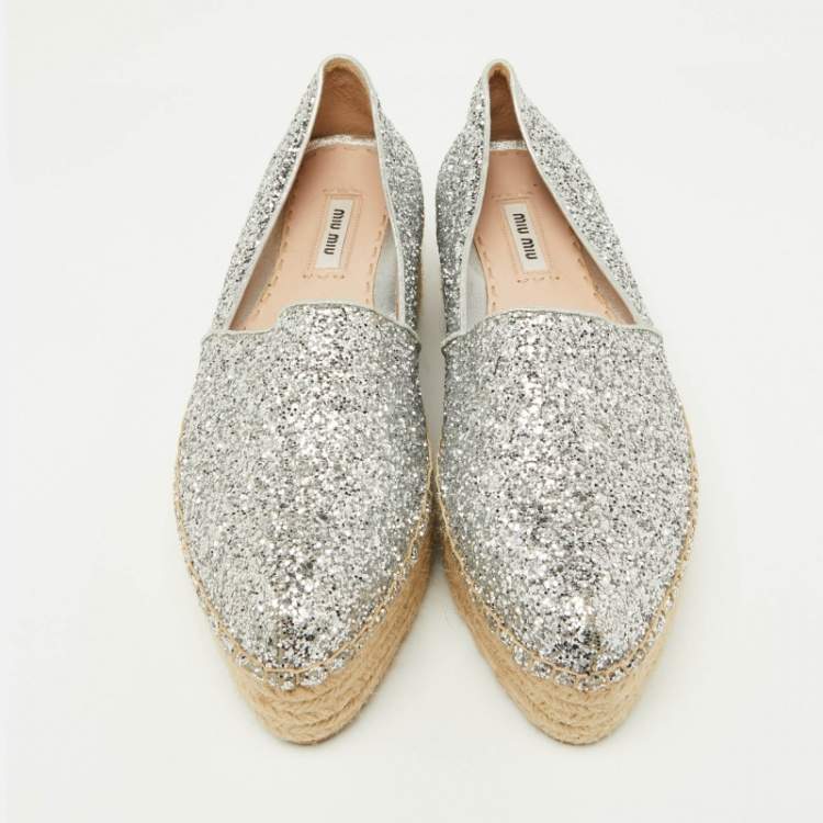 Pre Owned Miu Miu Silver Coarse Glitter Espadrille Platform Loafers Size 37.5