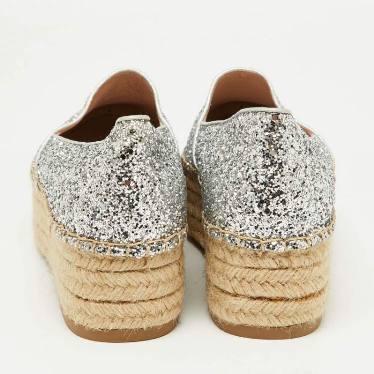 Pre Owned Miu Miu Silver Coarse Glitter Espadrille Platform Loafers Size 37.5