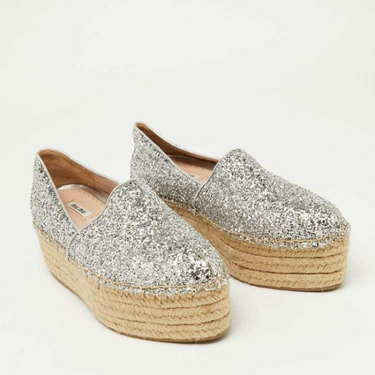 Pre Owned Miu Miu Silver Coarse Glitter Espadrille Platform Loafers Size 37.5