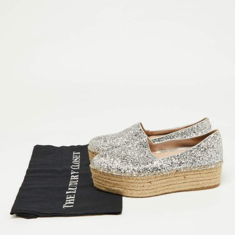 Pre Owned Miu Miu Silver Coarse Glitter Espadrille Platform Loafers Size 37.5