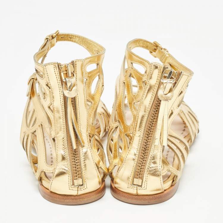 مملوكة مسبقًا Miu Miu Gold Cut Out Leather Flat Sandals Size 36