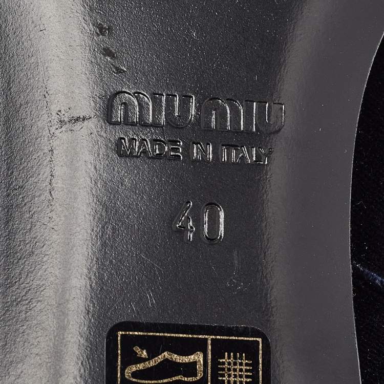 Pre Owned Miu Miu Navy Blue/Black Velvet and Canvas Bow Crystal Embellished Loafers Size 40