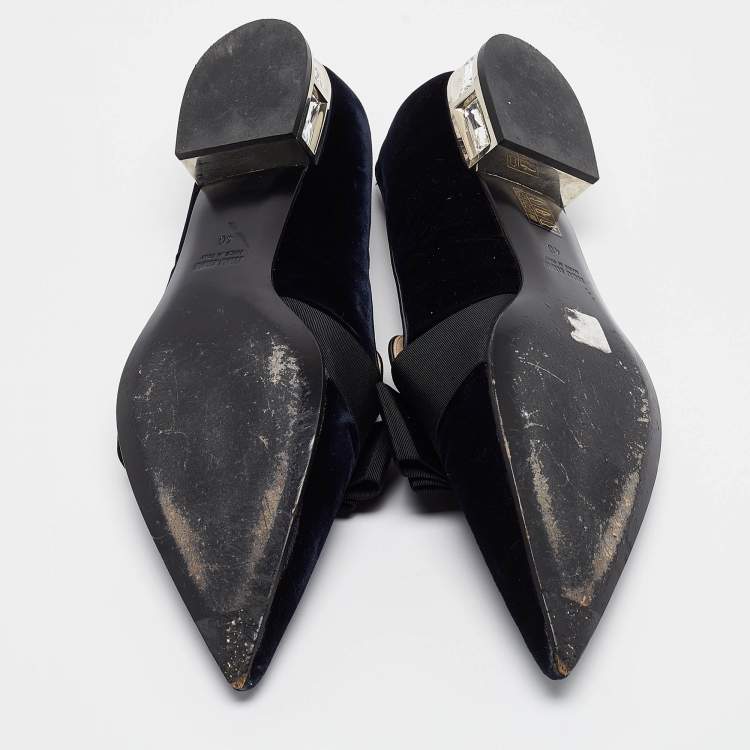 Pre Owned Miu Miu Navy Blue/Black Velvet and Canvas Bow Crystal Embellished Loafers Size 40