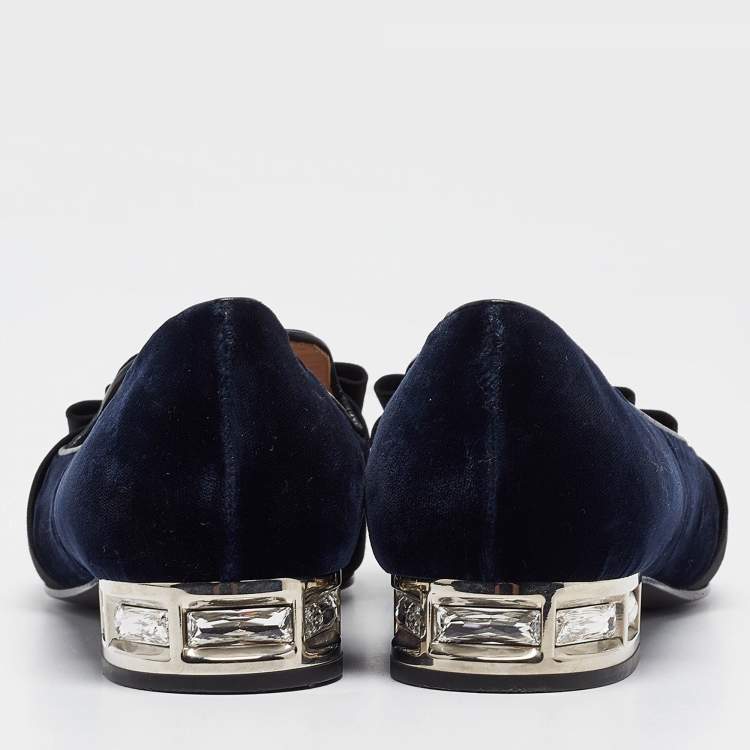 Pre Owned Miu Miu Navy Blue/Black Velvet and Canvas Bow Crystal Embellished Loafers Size 40