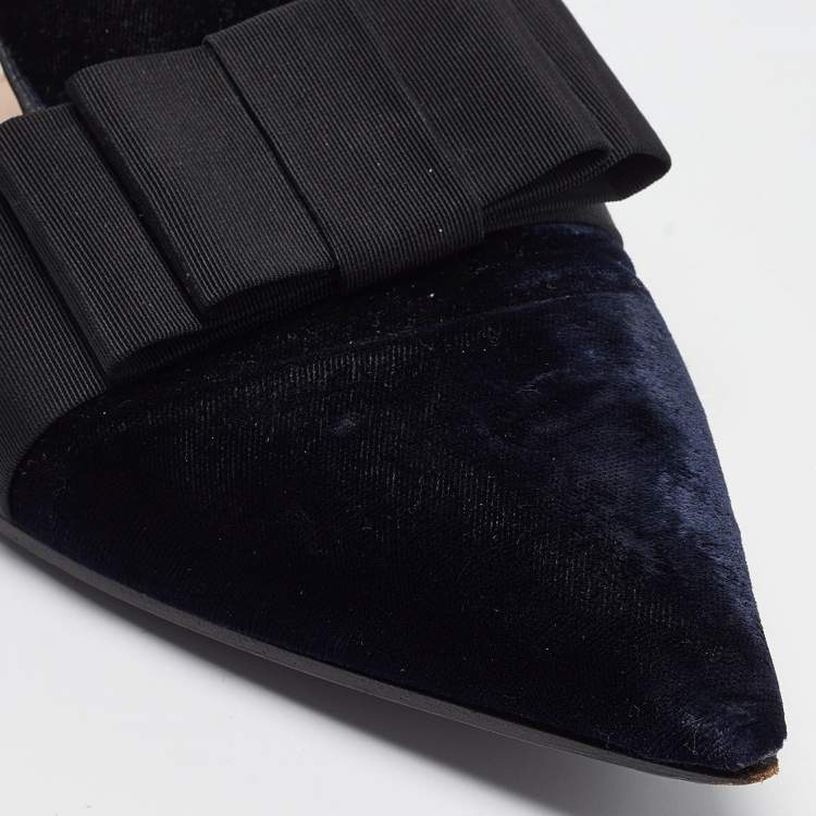 Pre Owned Miu Miu Navy Blue/Black Velvet and Canvas Bow Crystal Embellished Loafers Size 40