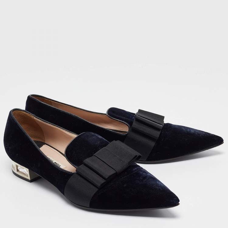 Pre Owned Miu Miu Navy Blue/Black Velvet and Canvas Bow Crystal Embellished Loafers Size 40