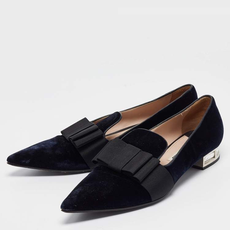 Pre Owned Miu Miu Navy Blue/Black Velvet and Canvas Bow Crystal Embellished Loafers Size 40