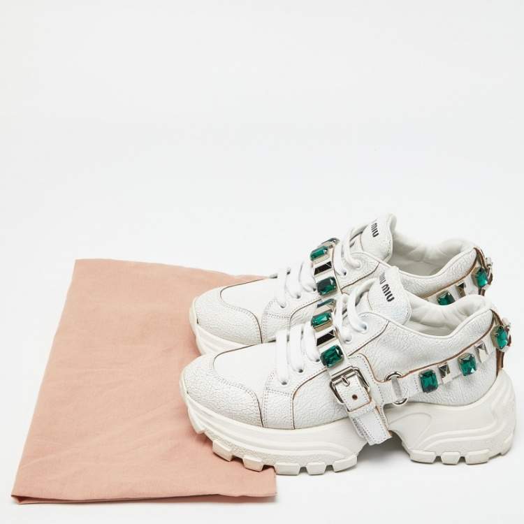 Pre Owned Miu Miu White Textured Leather Crystal Embellished Lace Up Sneakers Size 37