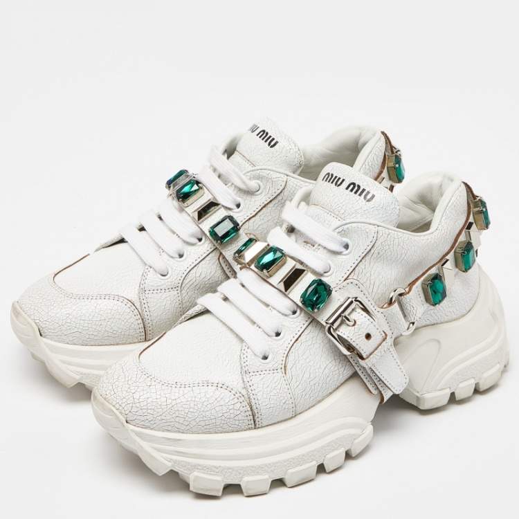 Pre Owned Miu Miu White Textured Leather Crystal Embellished Lace Up Sneakers Size 37