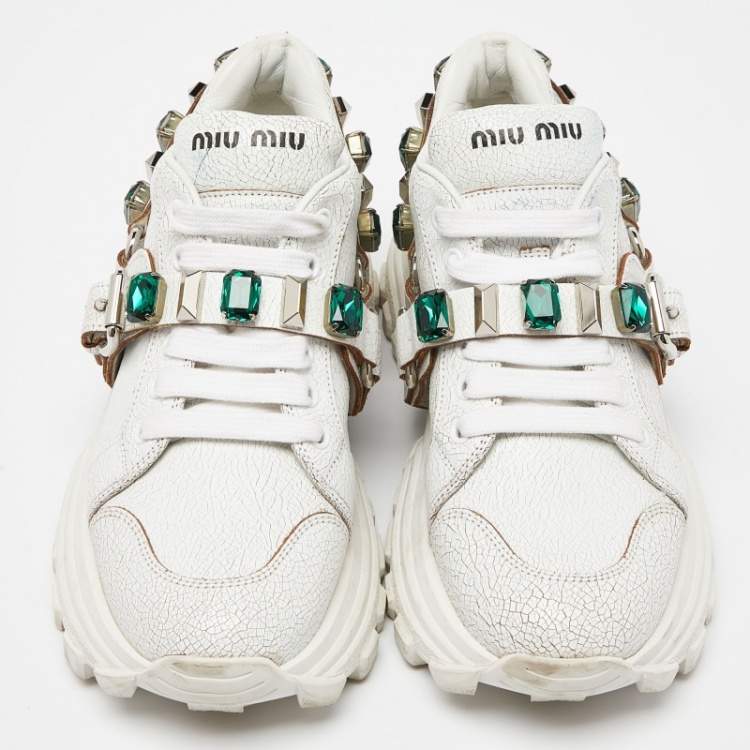 Pre Owned Miu Miu White Textured Leather Crystal Embellished Lace Up Sneakers Size 37