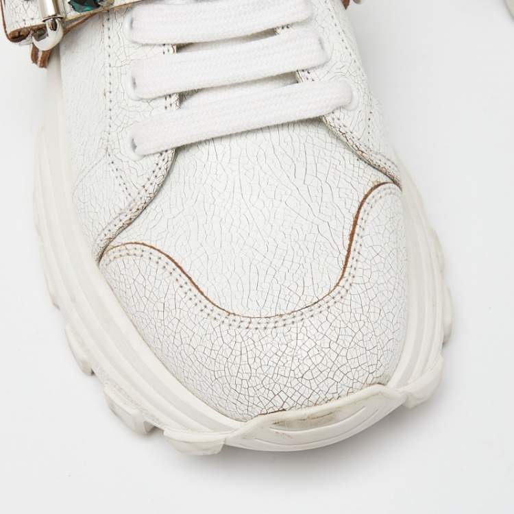 Pre Owned Miu Miu White Textured Leather Crystal Embellished Lace Up Sneakers Size 37