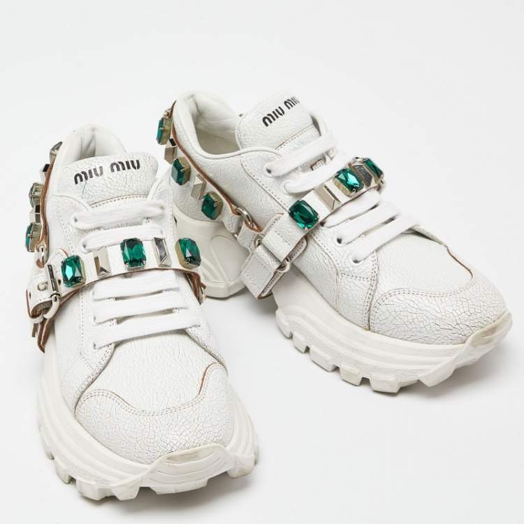 Pre Owned Miu Miu White Textured Leather Crystal Embellished Lace Up Sneakers Size 37