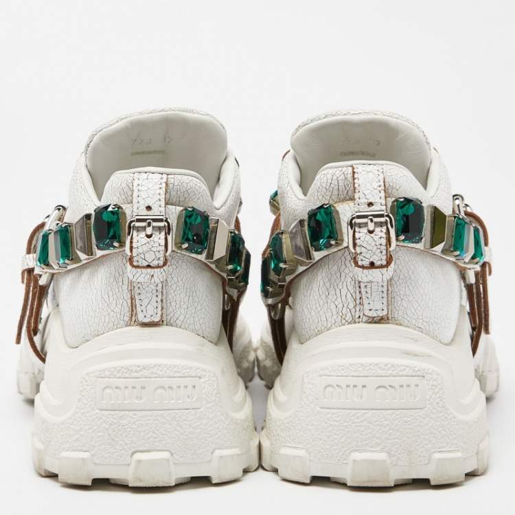 Pre Owned Miu Miu White Textured Leather Crystal Embellished Lace Up Sneakers Size 37