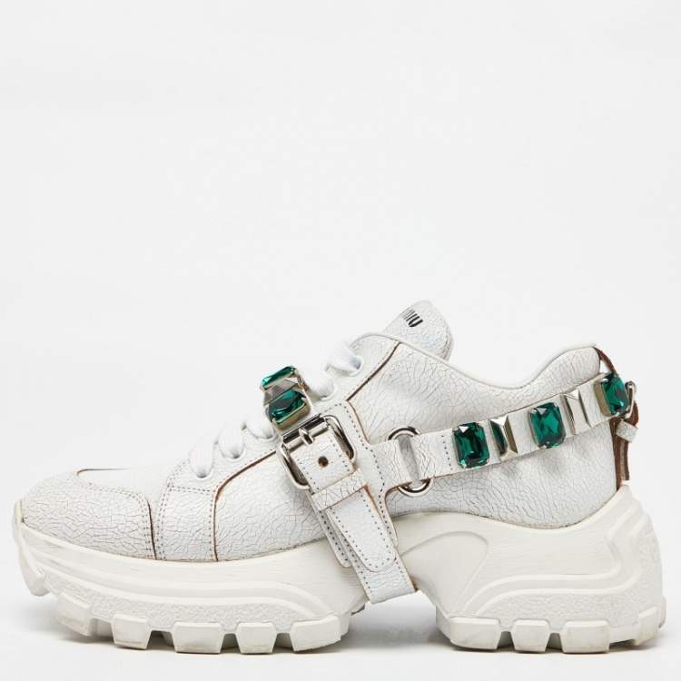 Pre Owned Miu Miu White Textured Leather Crystal Embellished Lace Up Sneakers Size 37