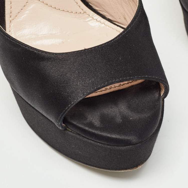 Pre Owned Miu Miu Black Satin Embellished Block Heel Platform Sandals Size 35.5