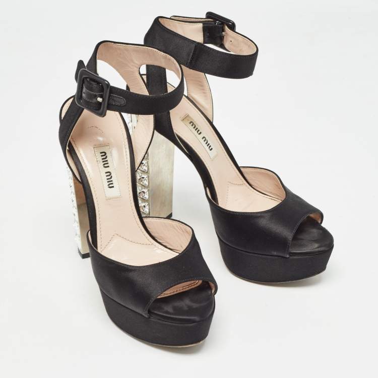 Pre Owned Miu Miu Black Satin Embellished Block Heel Platform Sandals Size 35.5