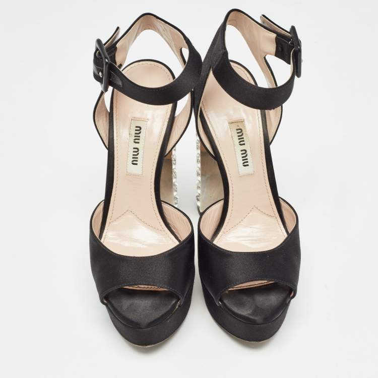 Pre Owned Miu Miu Black Satin Embellished Block Heel Platform Sandals Size 35.5