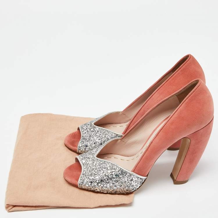 Pre Owned Miu Miu Orange/Silver Suede and Glitter Open Toe Pumps Size 38