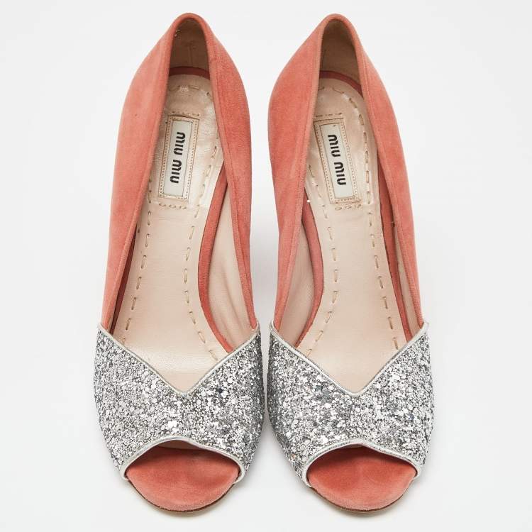 Pre Owned Miu Miu Orange/Silver Suede and Glitter Open Toe Pumps Size 38