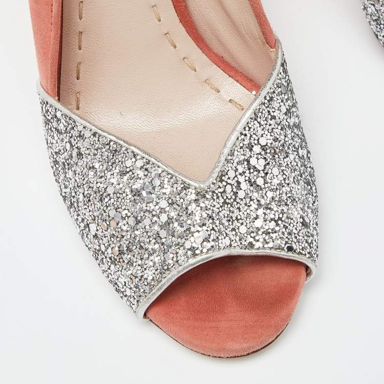 Pre Owned Miu Miu Orange/Silver Suede and Glitter Open Toe Pumps Size 38