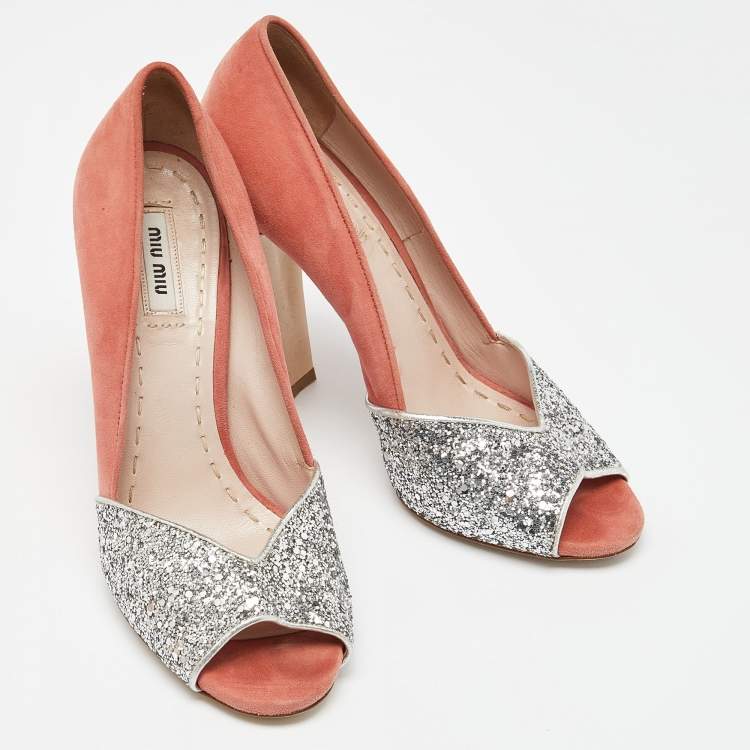 Pre Owned Miu Miu Orange/Silver Suede and Glitter Open Toe Pumps Size 38