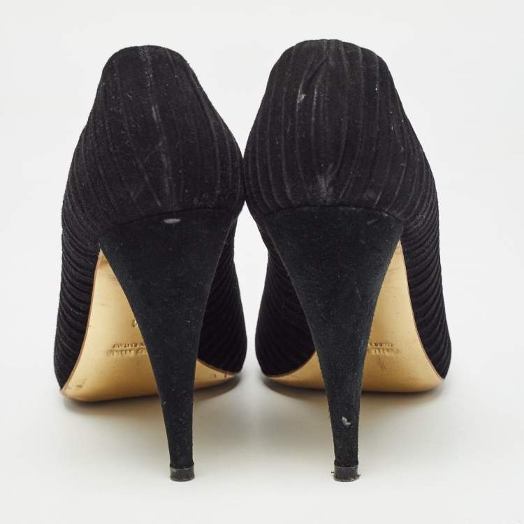 Pre Owned Miu Miu Black Suede Crystals Embellishment Peep Toe Pumps Size 41