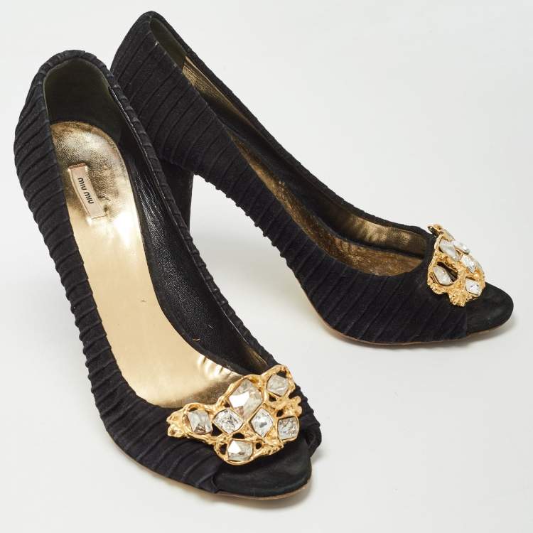 Pre Owned Miu Miu Black Suede Crystals Embellishment Peep Toe Pumps Size 41