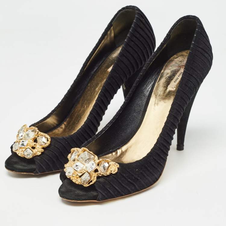 Pre Owned Miu Miu Black Suede Crystals Embellishment Peep Toe Pumps Size 41