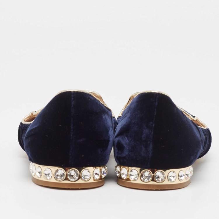 Pre Owned Miu Miu Navy Blue Velvet Embroidered Crystal Embellished Smoking Slippers Size 38