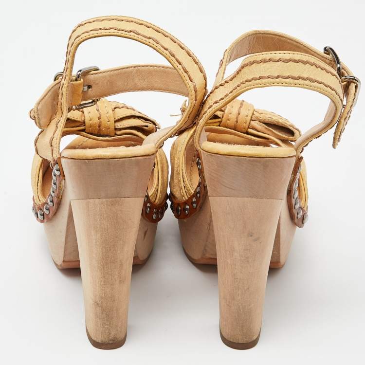 Pre Owned Miu Miu Beige Leather Ribbon Slingback Platform Sandals Size 35.5