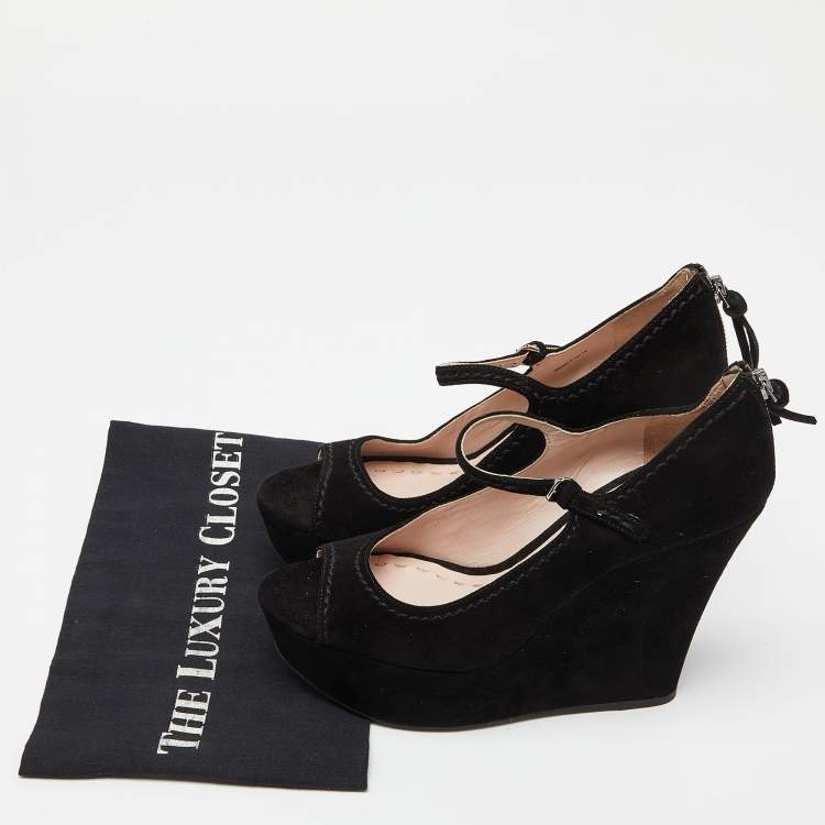 Pre Owned Miu Miu Black Suede Peep Toe Ankle Strap Wedges Size 38