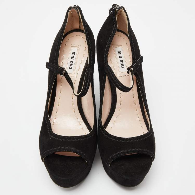 Pre Owned Miu Miu Black Suede Peep Toe Ankle Strap Wedges Size 38