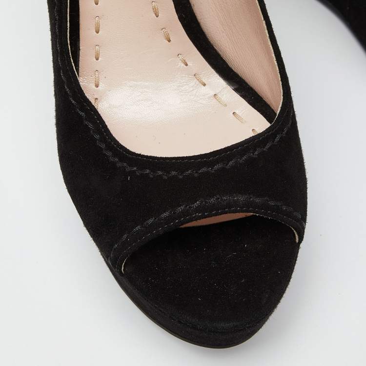 Pre Owned Miu Miu Black Suede Peep Toe Ankle Strap Wedges Size 38