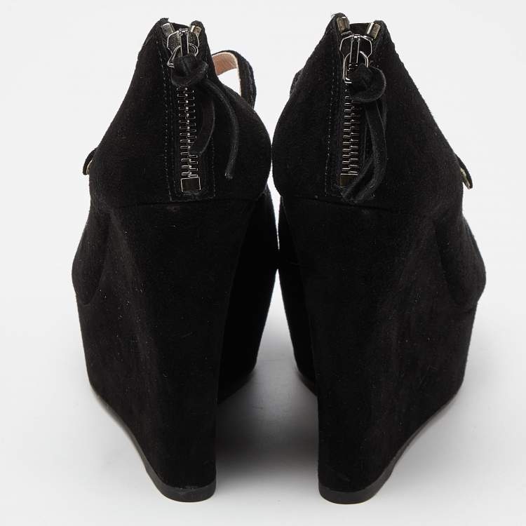 Pre Owned Miu Miu Black Suede Peep Toe Ankle Strap Wedges Size 38