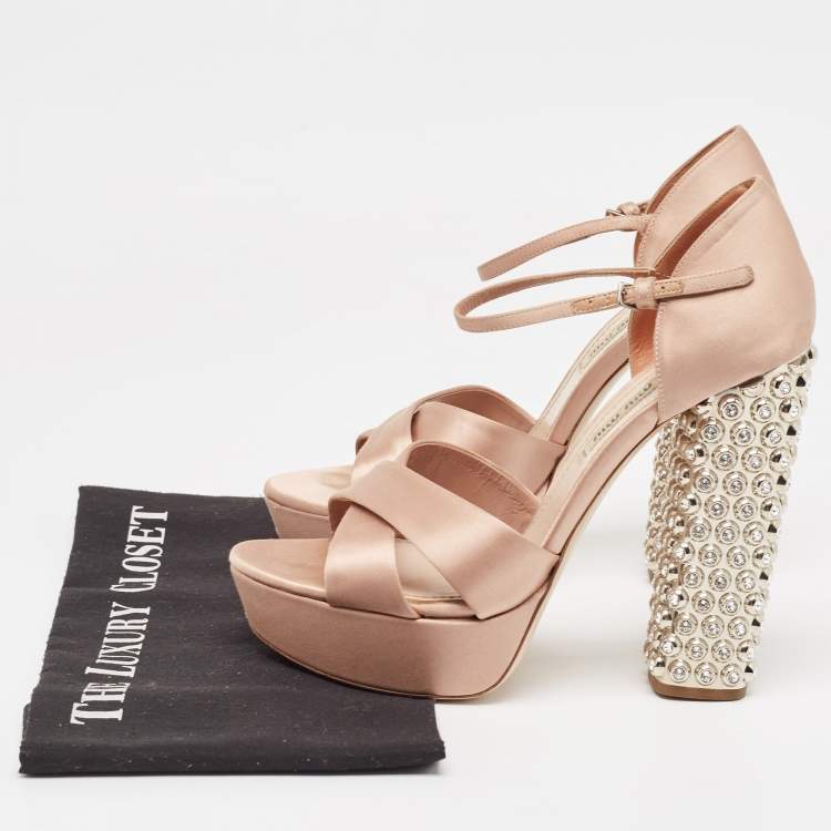 Pre Owned Miu Miu Pink Satin Crystal Embellished Platform Ankle Strap Sandals Size 38 