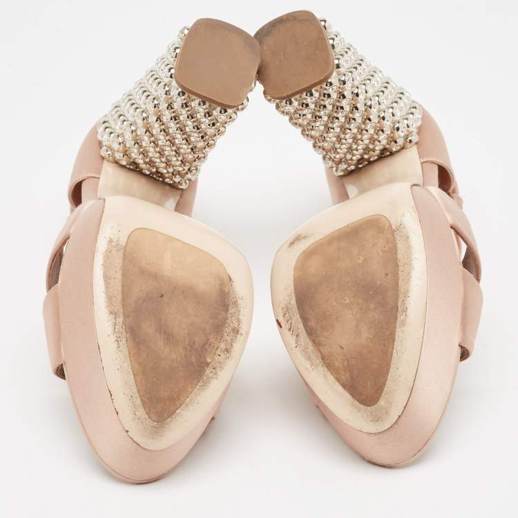 Pre Owned Miu Miu Pink Satin Crystal Embellished Platform Ankle Strap Sandals Size 38 